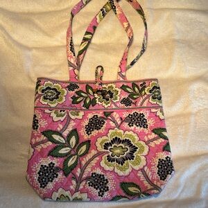 Vera Bradley Pink Floral Quilted Tote with Green & Black Accents